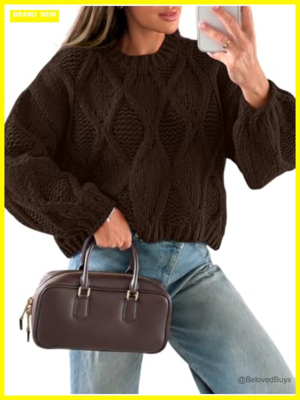 Cropped Cable Knit Sweater Oversized Long Sleeve Crew Neck Pullover